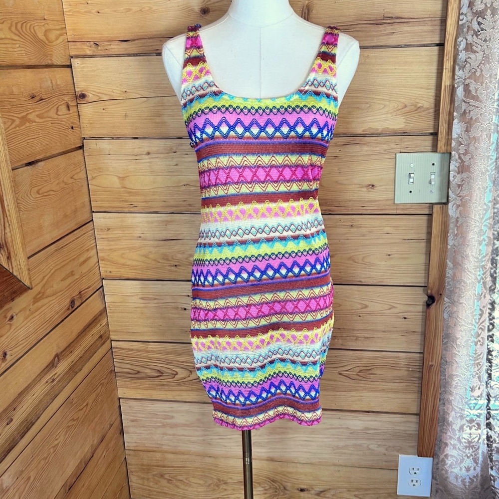 Geometric Chevron Bodycon Mini Dress Womens Large Multi Pink Space Dye Ninie Y2K